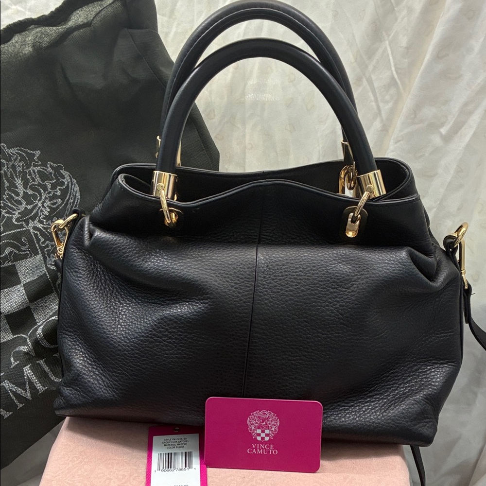 New Vince Camuto Black Leather Handbag with Gold Hardware